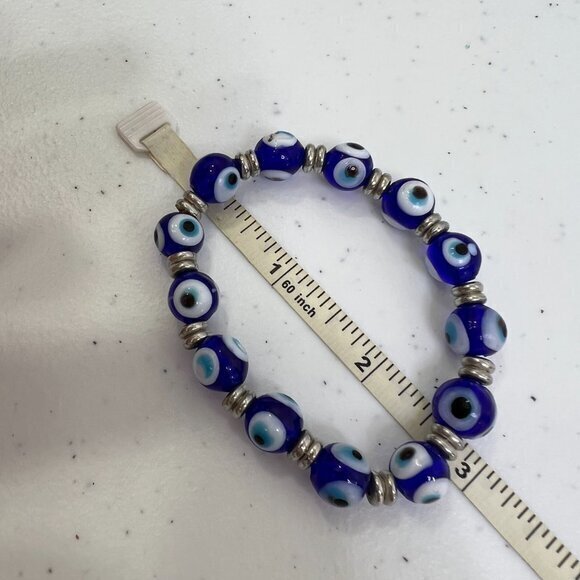 Blue Evil Eye Bead Bracelet For Protection Glass Beaded Stretch Silver Tone - Picture 6 of 6
